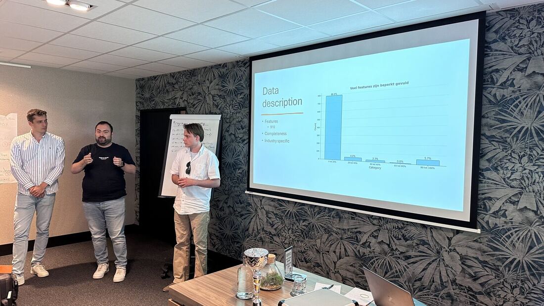Three students present a bar chart of their findings to the room.