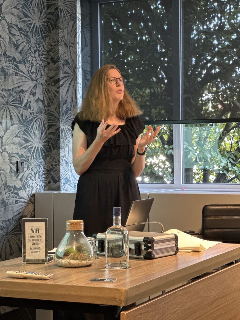 A presenter speaking at the front of the room beside the windows.