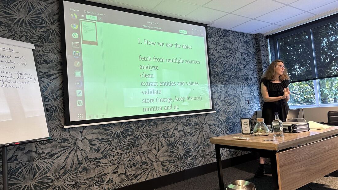 A presenter beside a green slide of written notes at the close of the day.