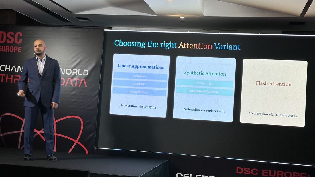 The speaker beside a slide reading Choosing the right Attention Variant, comparing linear approximation, sparse and flash attention