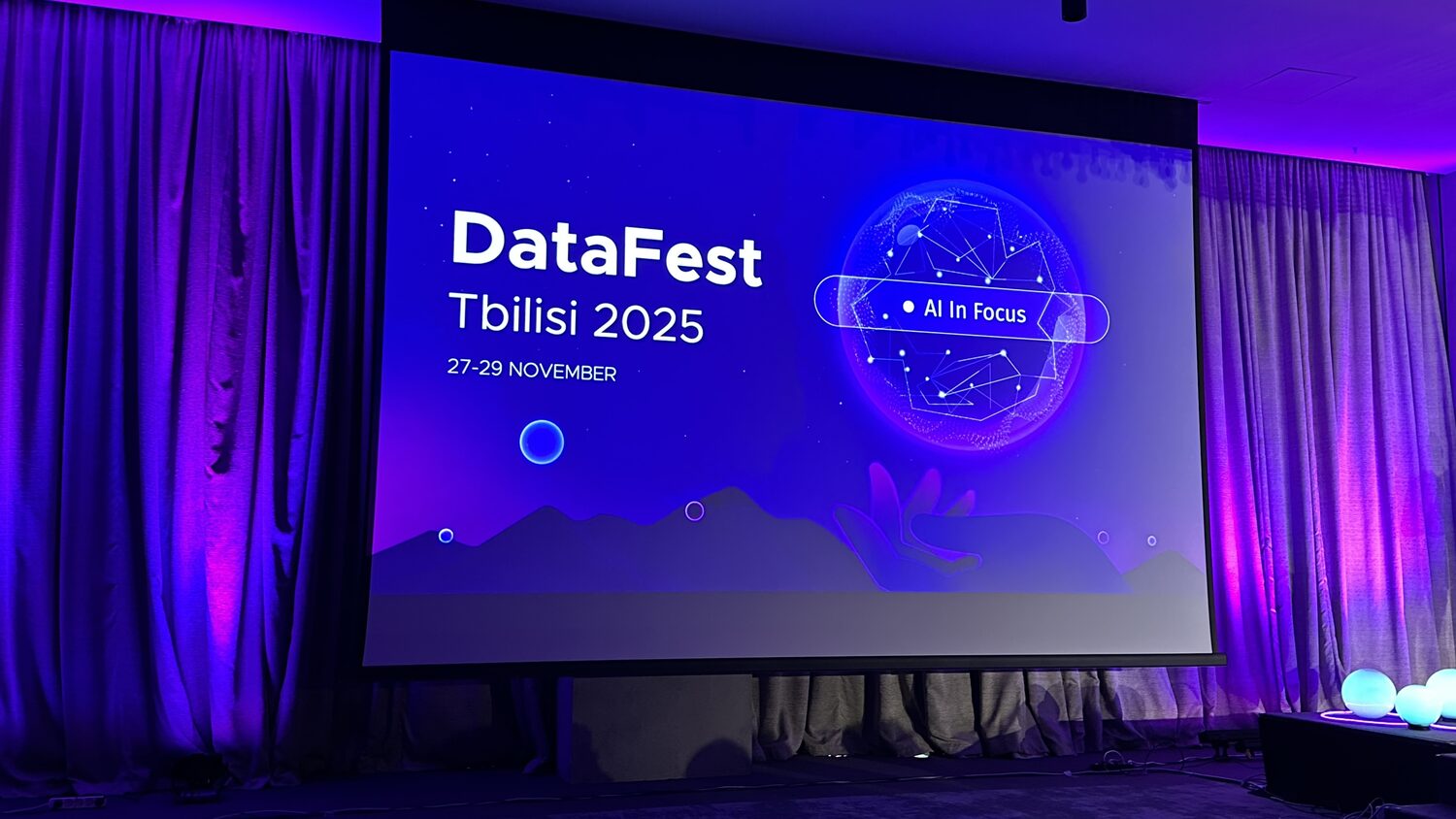Conference title screen reading DataFest Tbilisi 2025, 27-29 November, AI In Focus