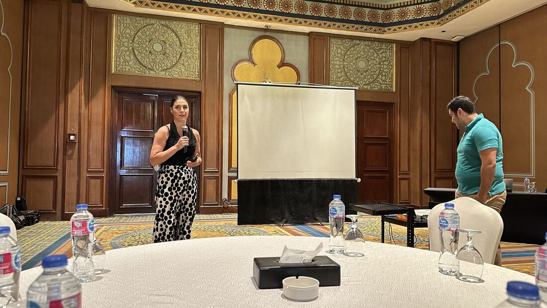 Speaker with a microphone addressing the delegation briefing in the Cairo hotel ballroom