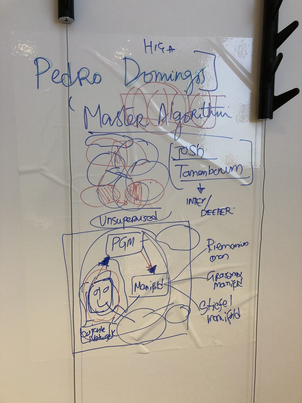 A flip chart from the workshop floor tracing an argument from Pedro Domingos and The Master Algorithm through unsupervised learning, probabilistic graphical models, manifolds and Bayesian networks.