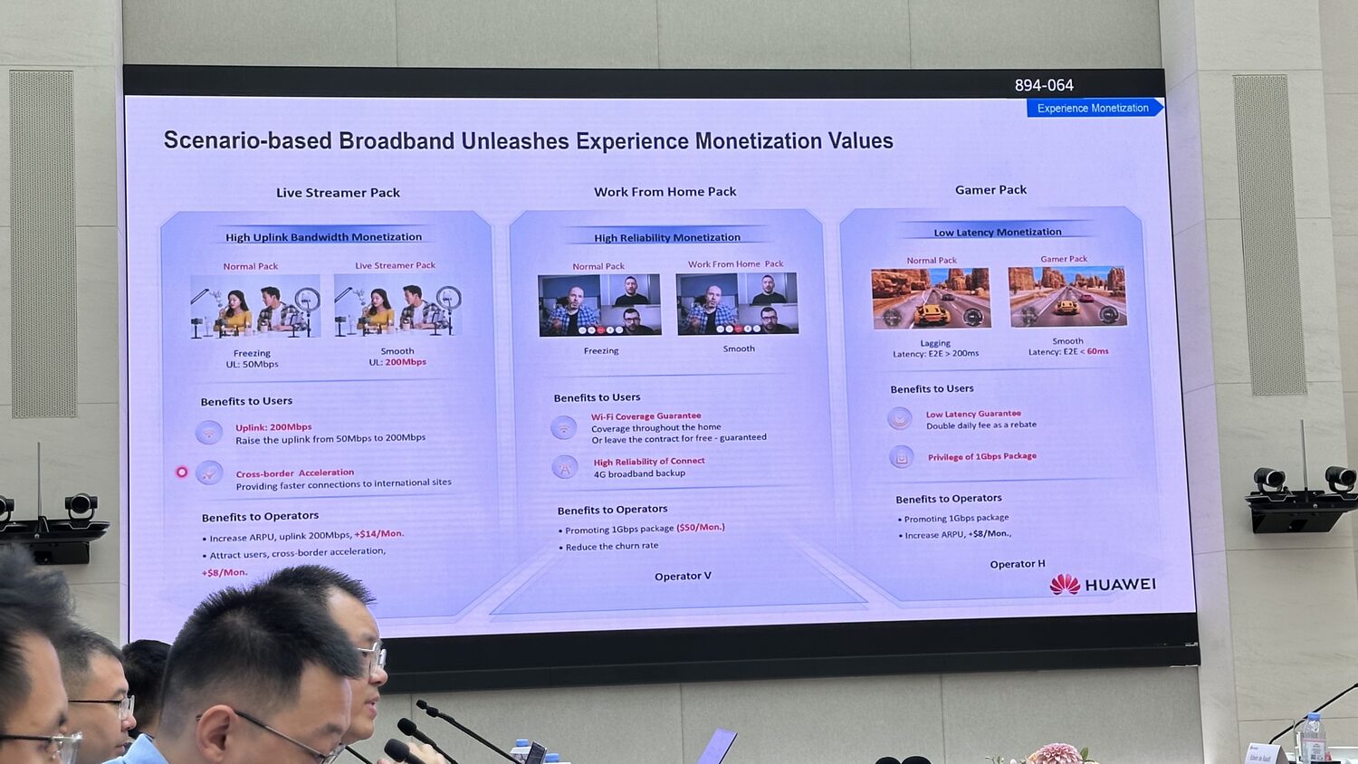 Huawei slide on scenario-based broadband packaging on the boardroom screen, 1 July, front row in shot.