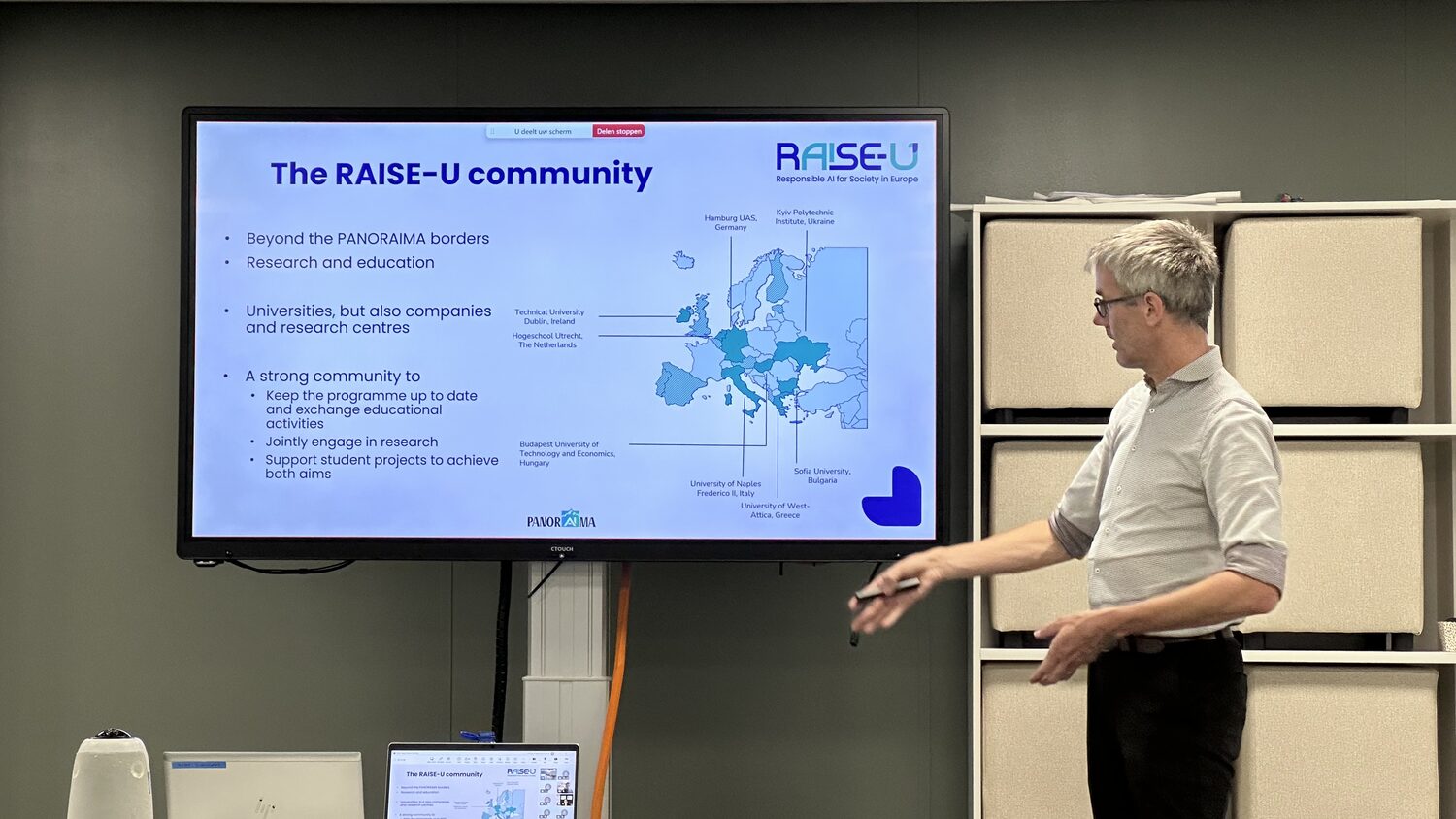 The RAISE-U community slide, a map of Europe pinned with the partner universities from Dublin to Kyiv.