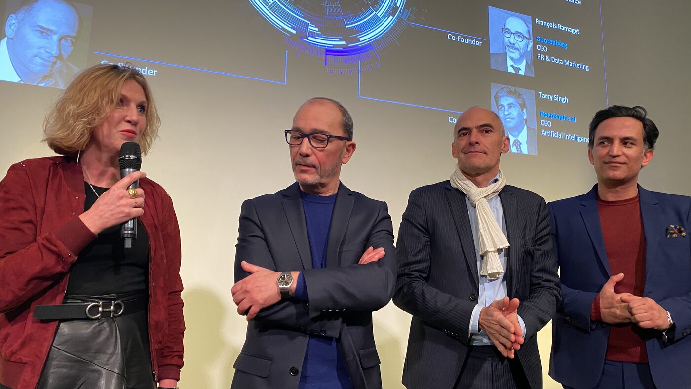 The same line-up, with the slide behind naming Francois Ramaget of Gootenberg for PR and data marketing and Tarry Singh of deepkapha.ai for artificial intelligence.