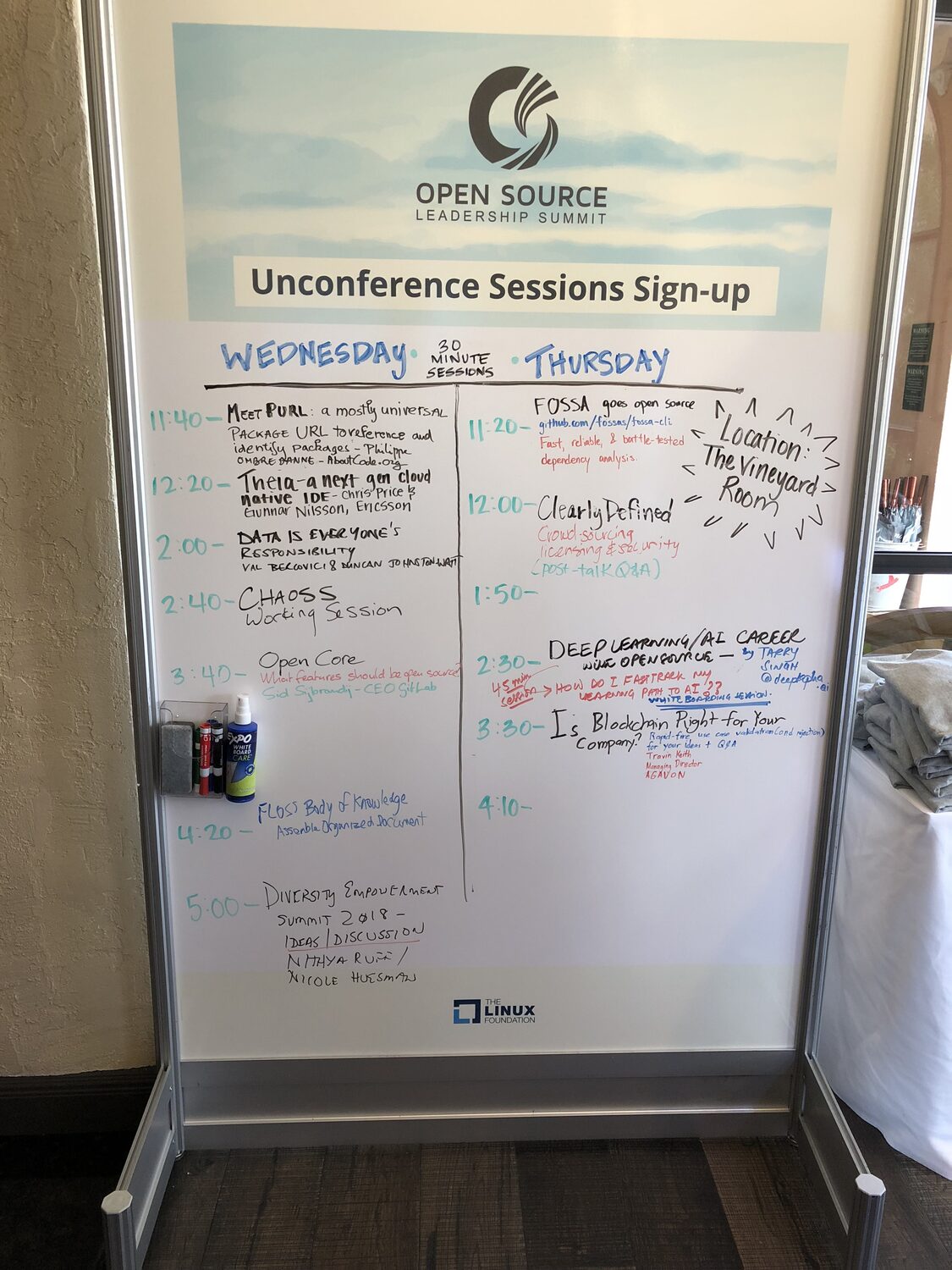 The Linux Foundation Unconference Sessions Sign-up whiteboard, Wednesday and Thursday columns filled in by hand, Tarry Singh's deep learning session written into the Thursday 2:30 slot