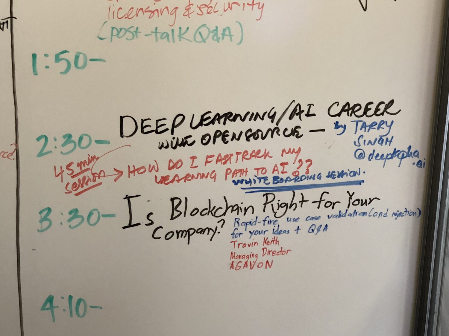 Close view of the sign-up whiteboard: Deep Learning/AI Career with Open Source by Tarry Singh, @deepkapha.ai, 45 minute session, how do I fasttrack my learning path to AI, whiteboarding session