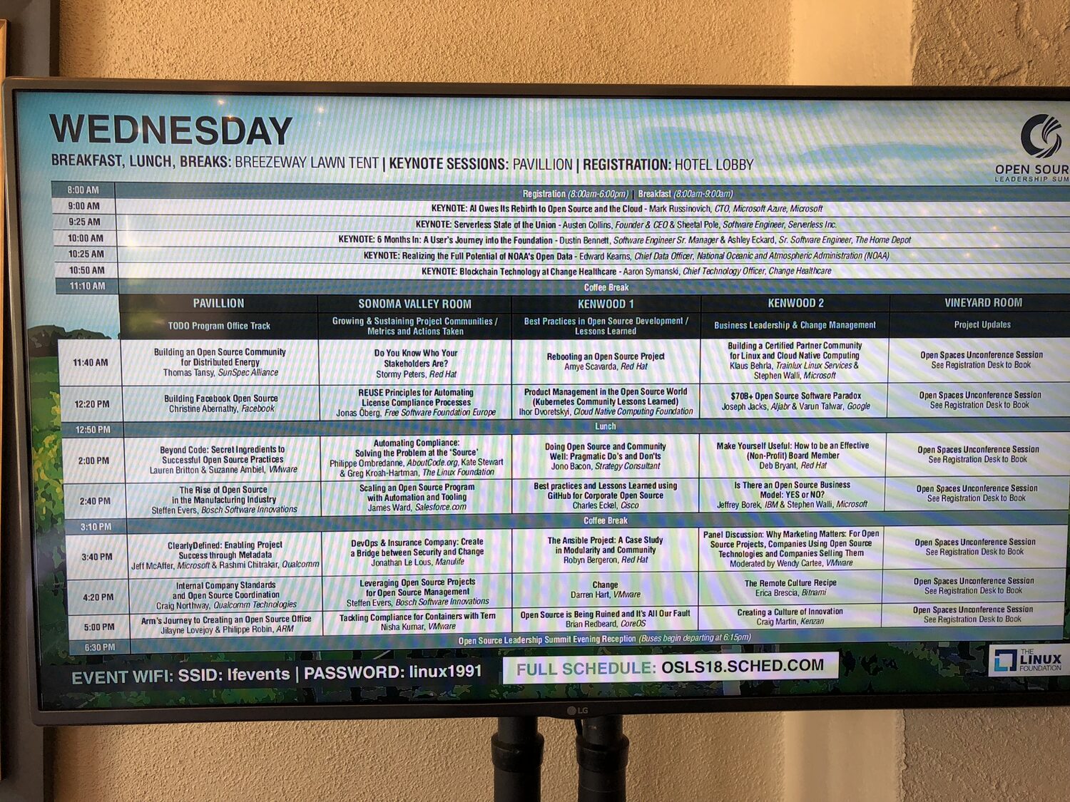 The Wednesday schedule screen showing keynotes from 9:00 and five parallel session rooms, with the Vineyard Room column reading Open Spaces Unconference Session, see registration desk to book