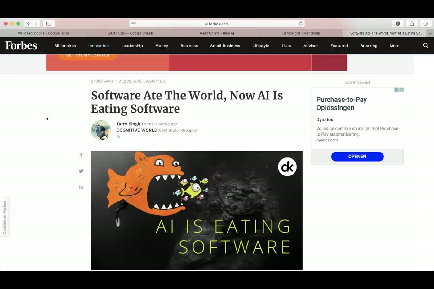 The session opens on Tarry Singh's Forbes column, Software Ate The World, Now AI Is Eating Software, scrolled live in a browser. The dk mark sits in the corner of the header illustration.