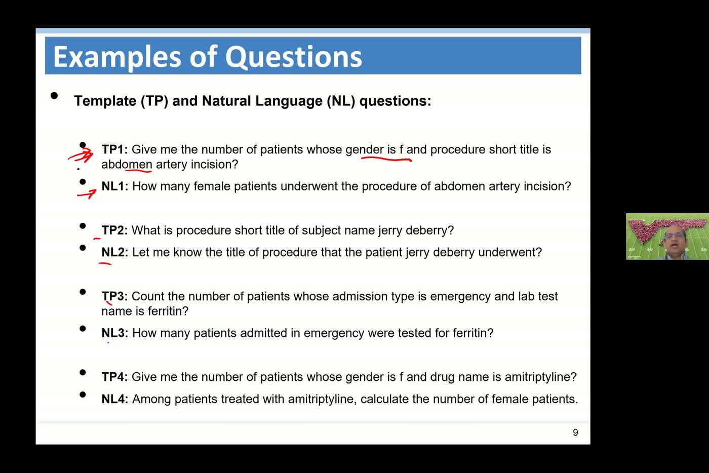 Slide pairing four template questions with their natural language rewrites, marked up in red during the talk.