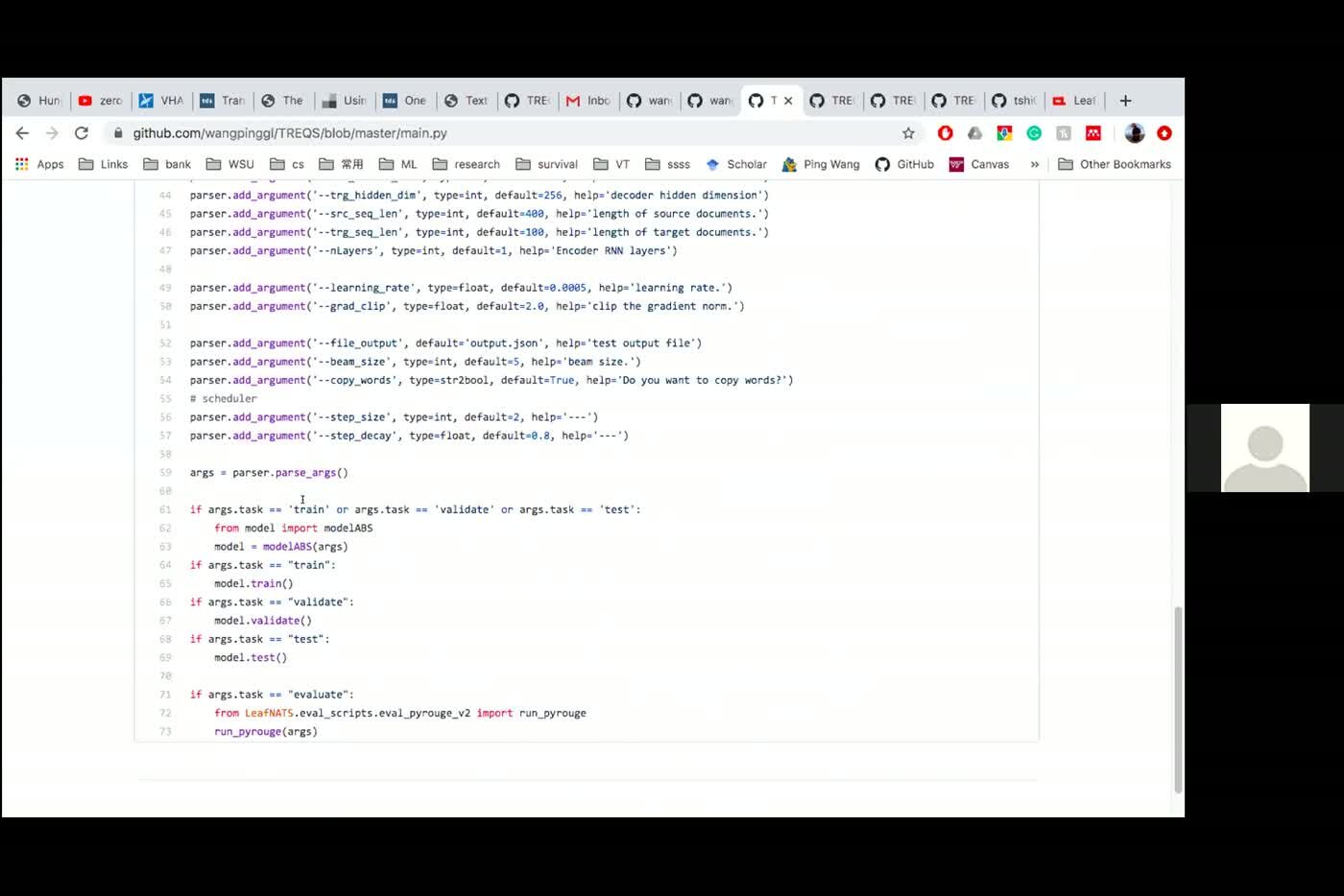 The TREQS repository open on GitHub, showing the argument list in main.py.