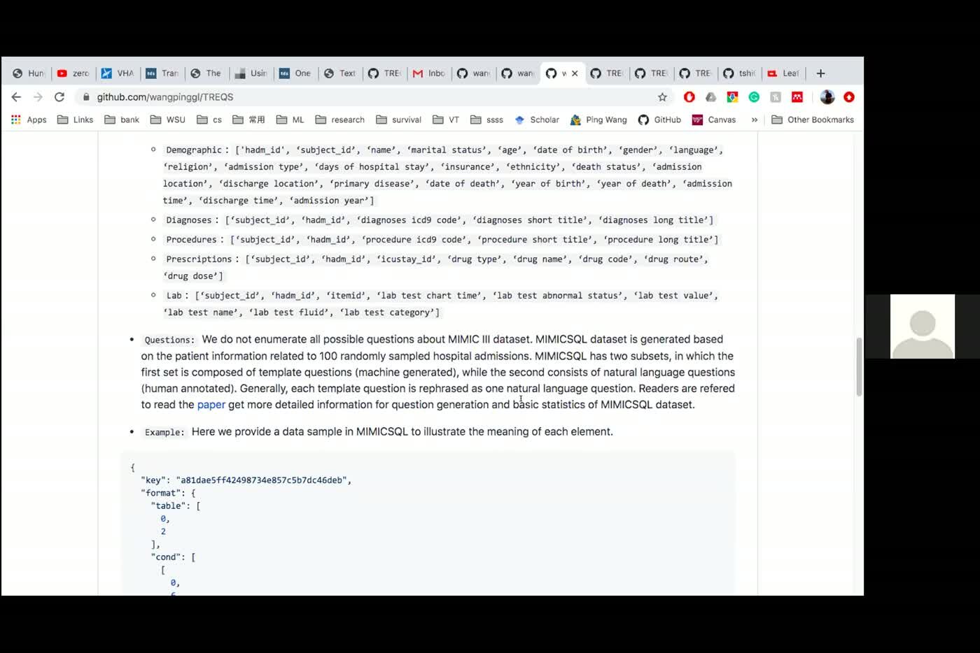 The MIMICSQL documentation on GitHub, listing the demographic, diagnosis, procedure, prescription and lab fields and how the question set was built.