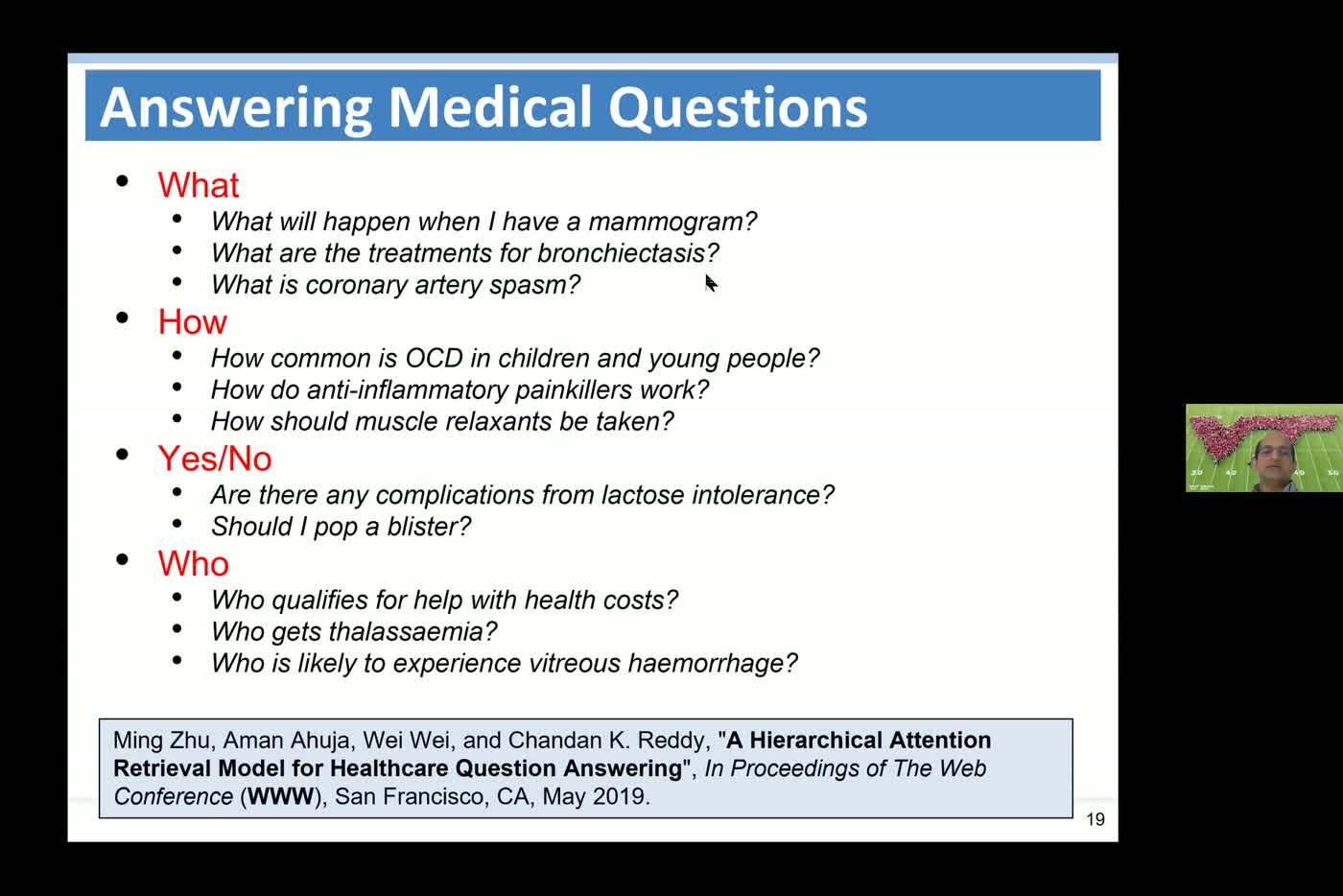 Slide of example medical questions grouped by what, how, yes or no, and who, from the 2019 healthcare question answering paper.
