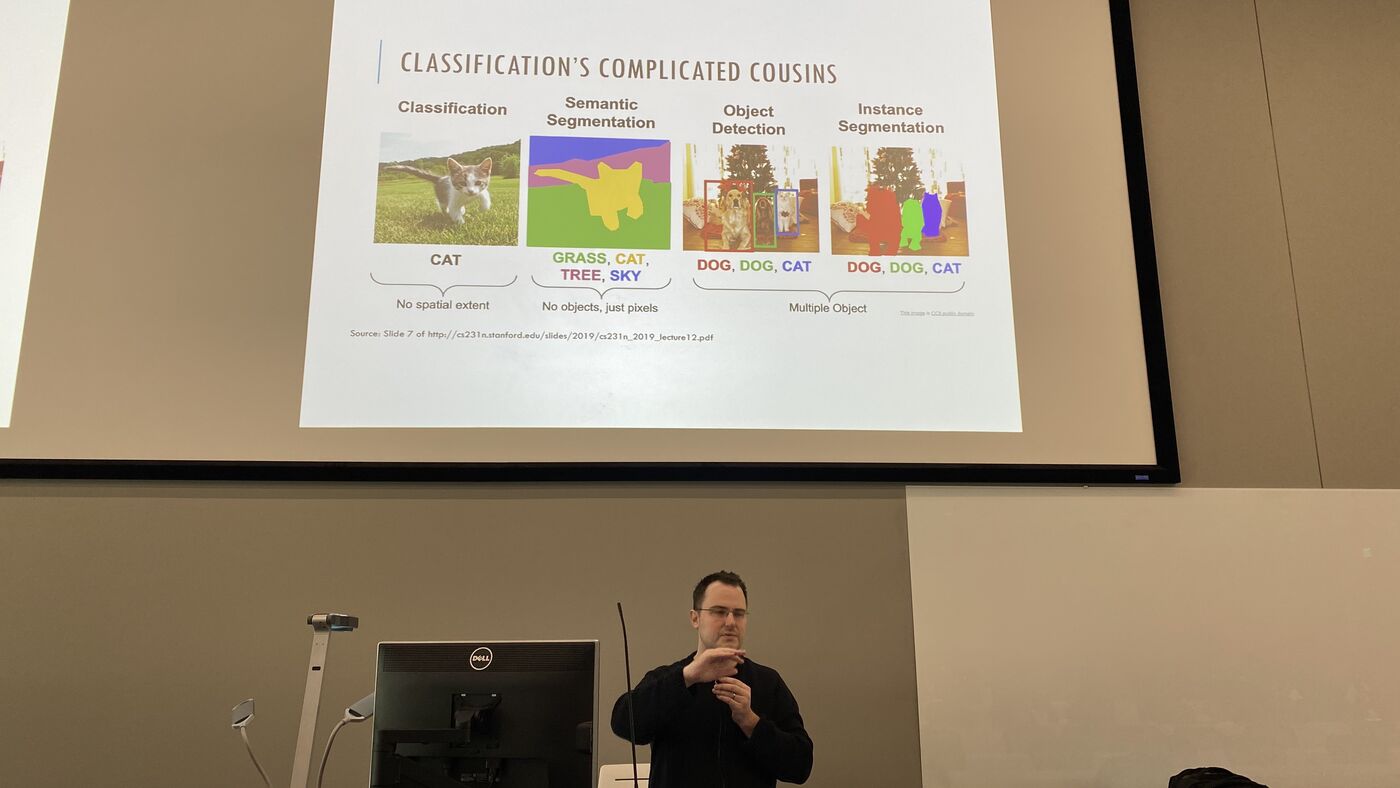 A slide headed "Classification's complicated cousins", setting classification against semantic segmentation, object detection and instance segmentation on the same photograph.